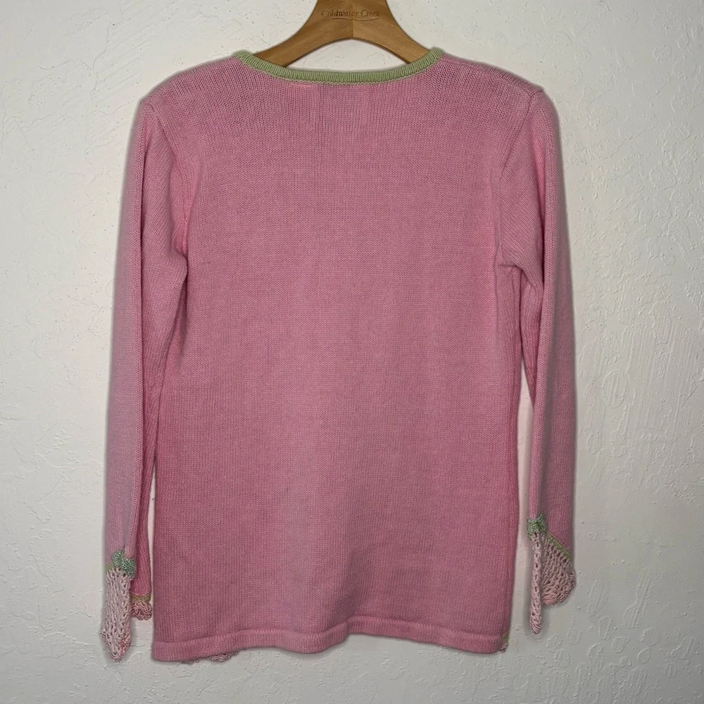 Storybook Knits Women XS Sweater Pink Blossoms Embroidered Spring Easter Buttons